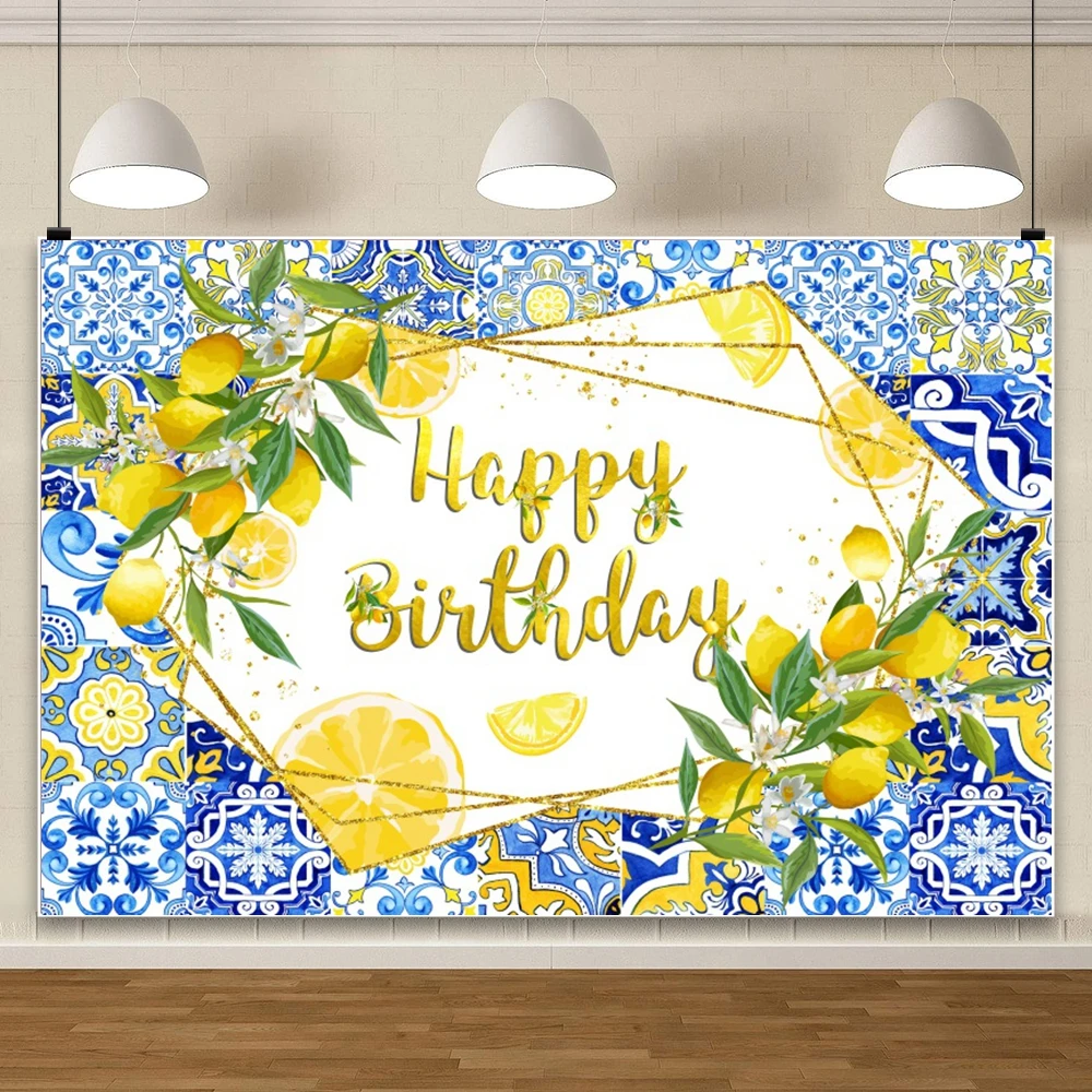 Yellow Lemon Fruit Photography Background Blue Tiles Morocco Mediterranean Kids Birthday Party Decoration Backdrop Photo Studio