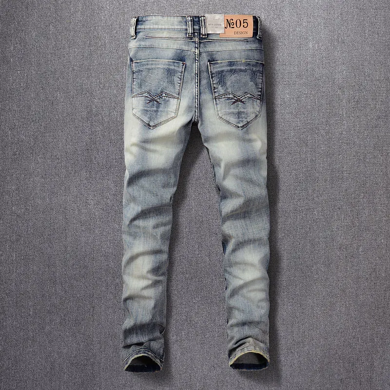 Newly Designer Fashion Men Jeans Retro Washed Blue Elastic Stretch Slim Fit Ripped Jeans Men Patched Vintage Denim Pants Hombre