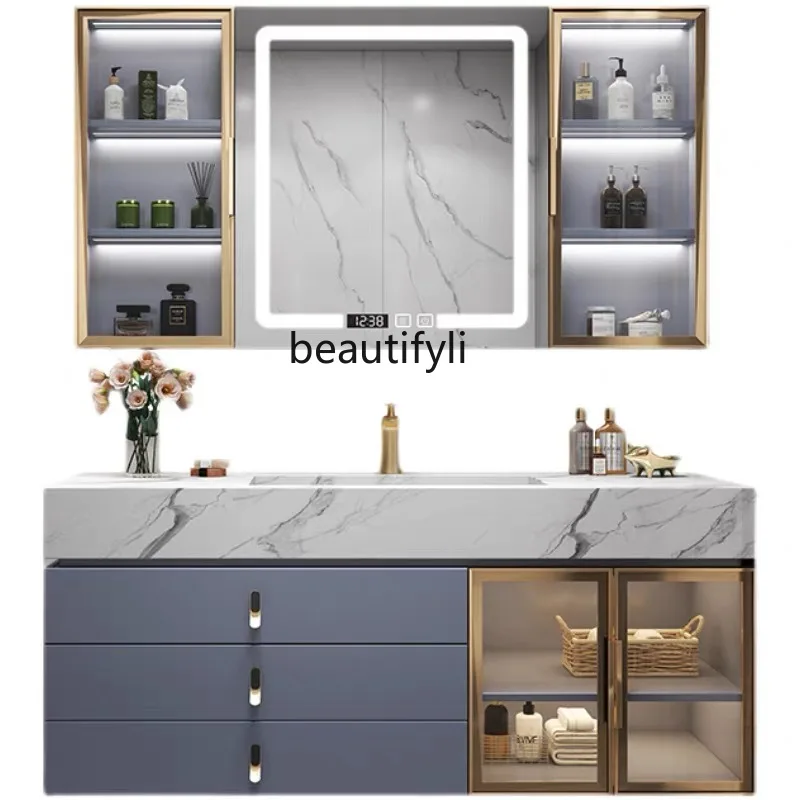 

Light Luxury Bathroom Cabinet Stone Plate Integrated Combination Washstand Solid Wood Bathroom Wash Basin