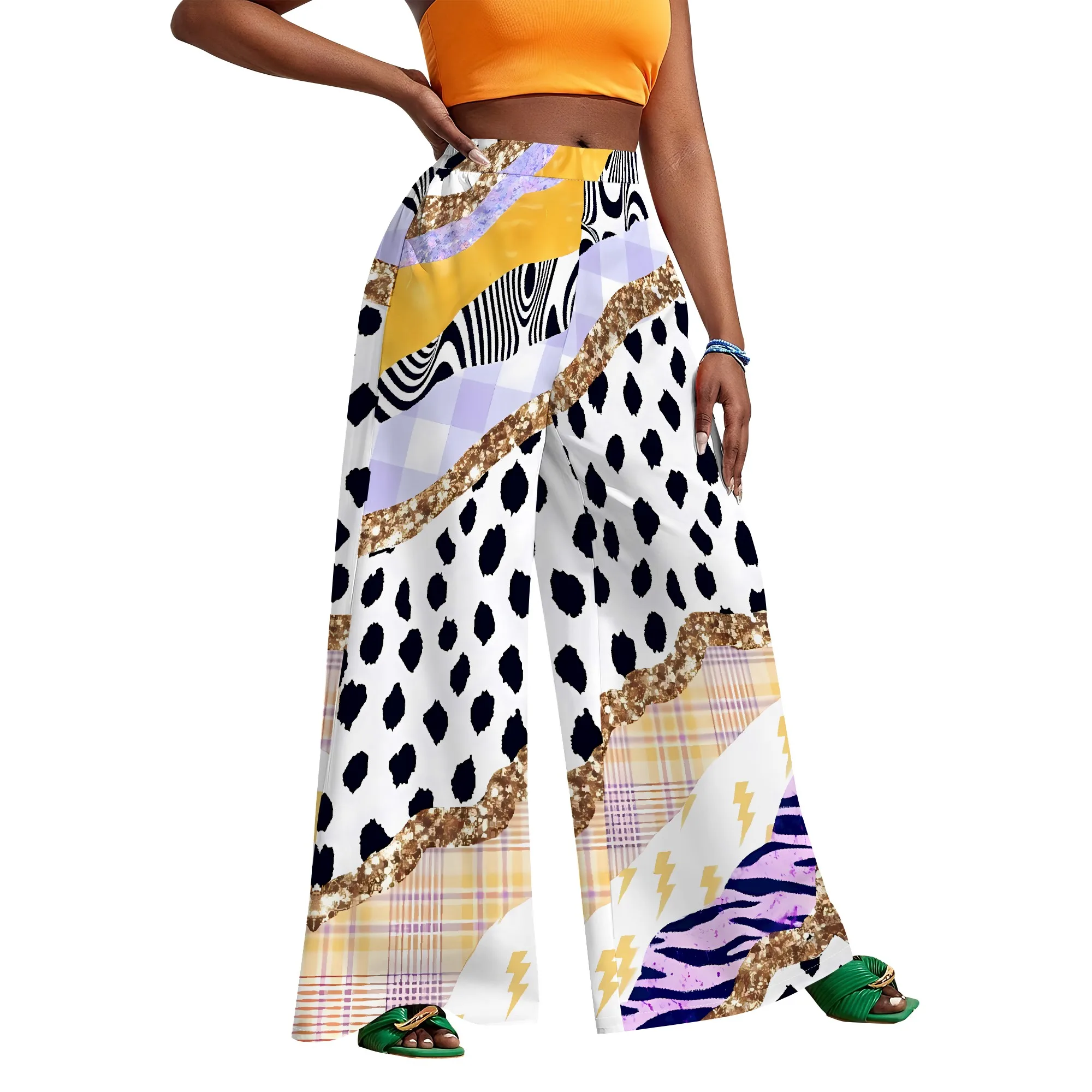 Patchwork Print Wide Leg Pants for Women Leopard Plaid Striped Mix Trendy High Waist Look