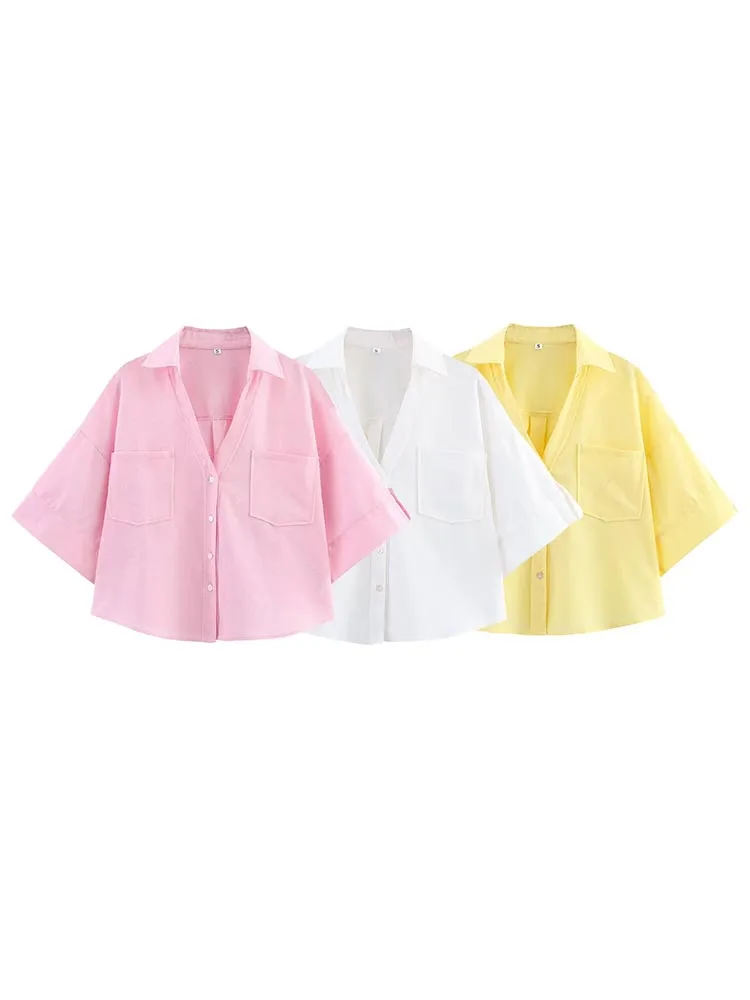 

2025 Women Summer Shirts Blouses Tops Fashion Solid Linen V-Neck Short Sleeve Female Elegant Street Loose Top Clothing