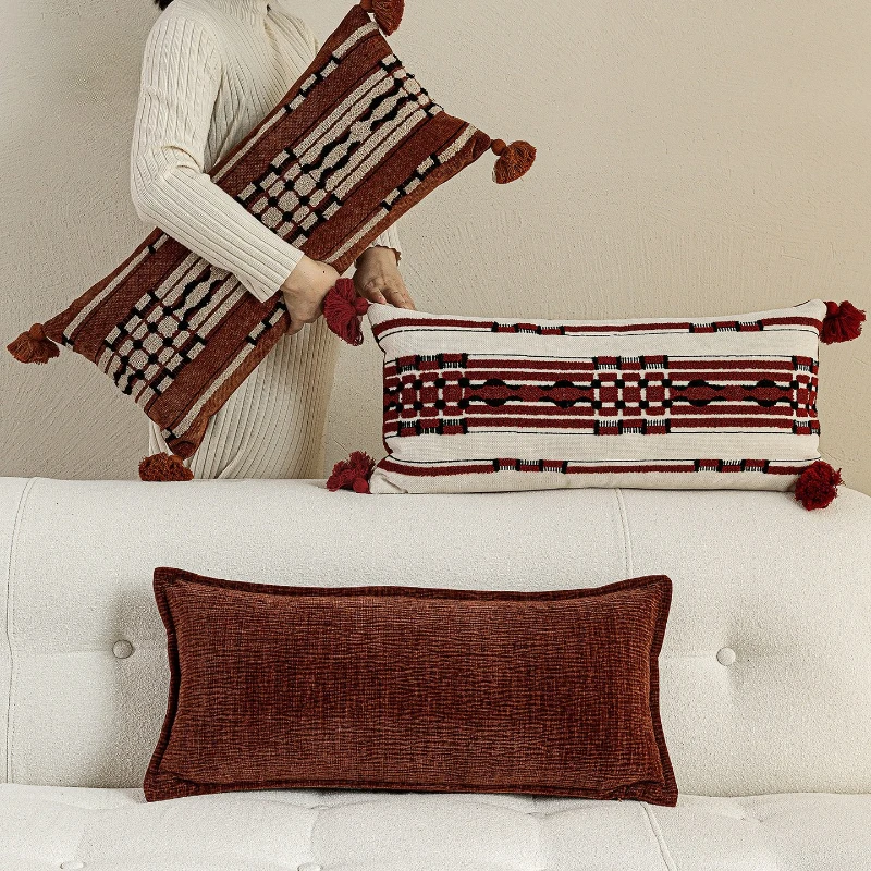 30X65CM Wine Red Ancient Throw Pillow Cover Homestay Stamping Waist Cushion Cover Decor Home Decorative Pillowcase