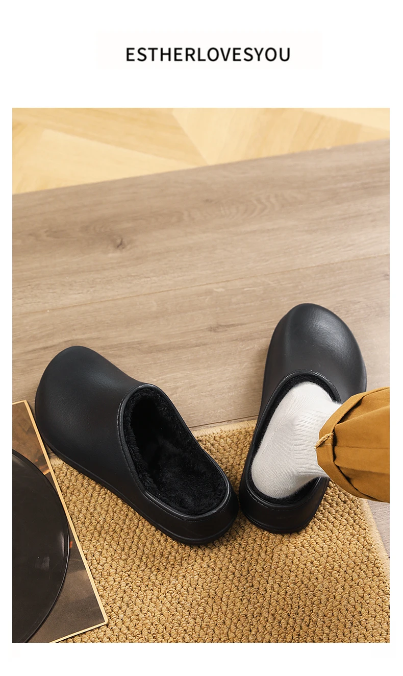 Winter männer Baumwolle Schuhe Anti-slip Weichen Boden Leder Oberfläche Paar Wasserdichte Innen Warme Fleece Bequeme Baumwolle Hausschuhe – Detail 13