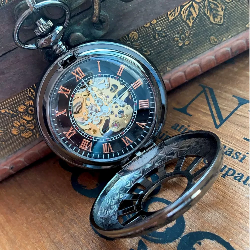 

8931 Black creative wheel open cover mechanical pocket watch men's and women's accessories with necklace