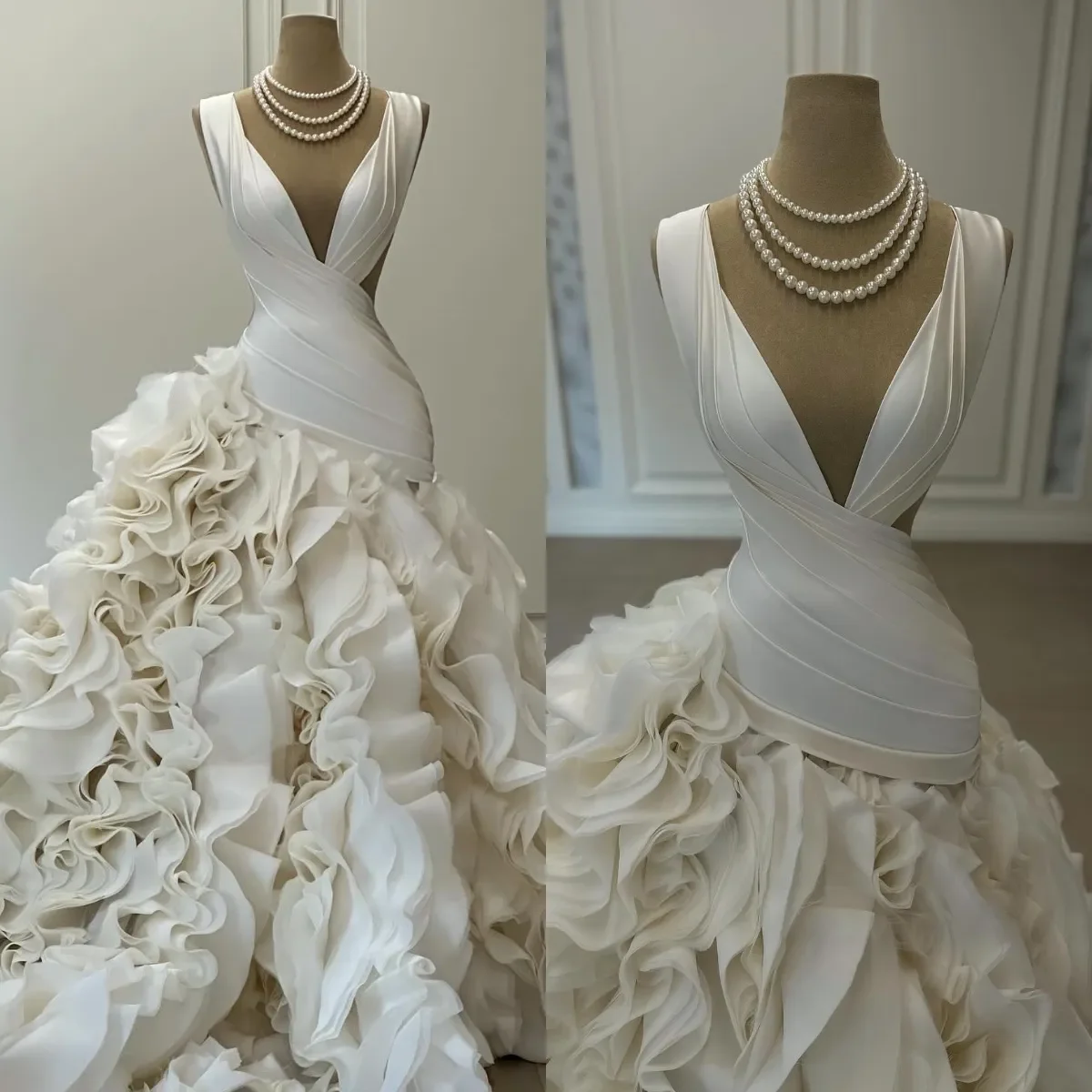 Exquisite Mermaid Gown Wedding Dresses V-Neck Satin Sleeveless Bridal Gowns 3D Flower Appliques Vestido De Noiva Customized