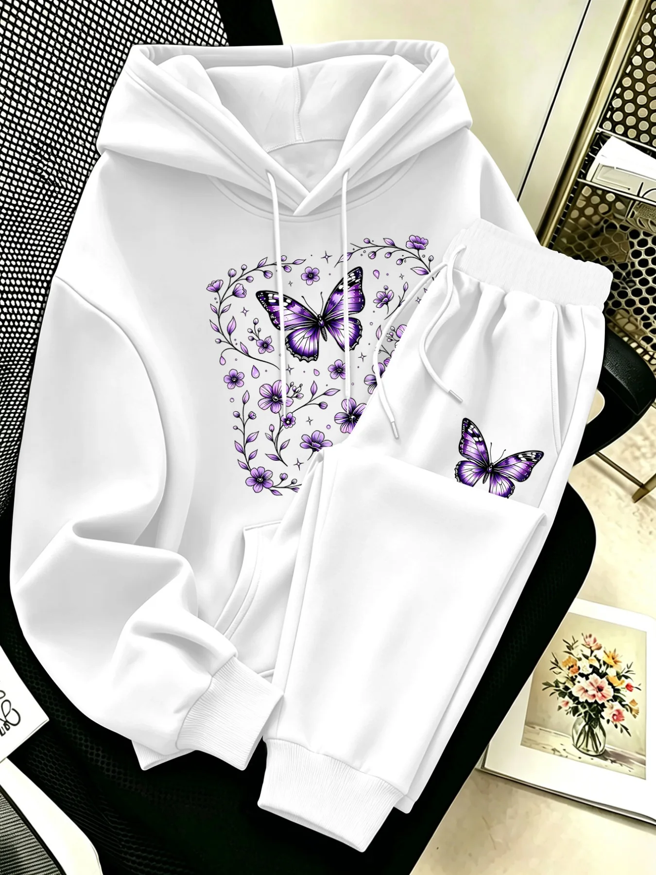 Women Women 2‑piece hoodie sweatpants set, dreamy purple butterfly flower print, soft fabric, product shot, white background - Aliexpress Deal