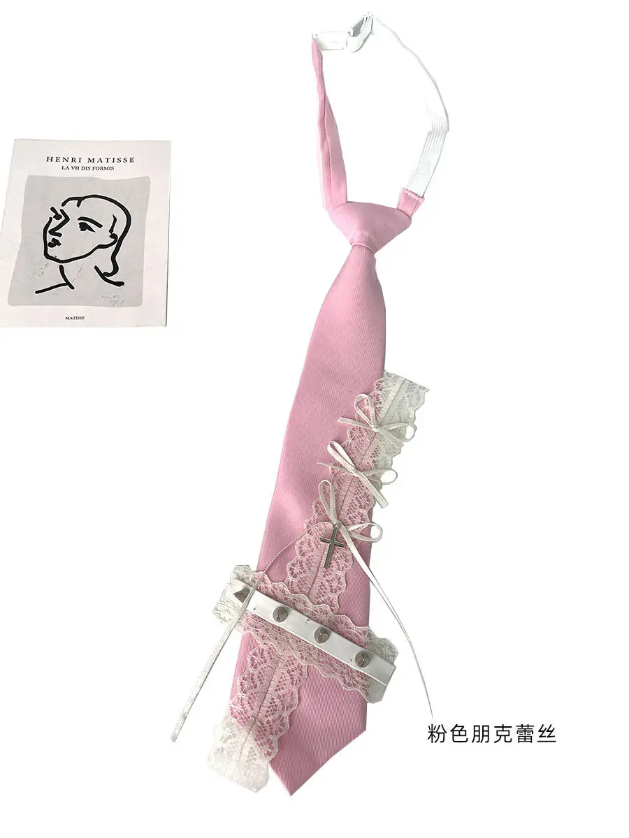 Cute Girl Unique Personality Necktie Creative Rivet Small Tie Handmade Black Punk Lace Necktie