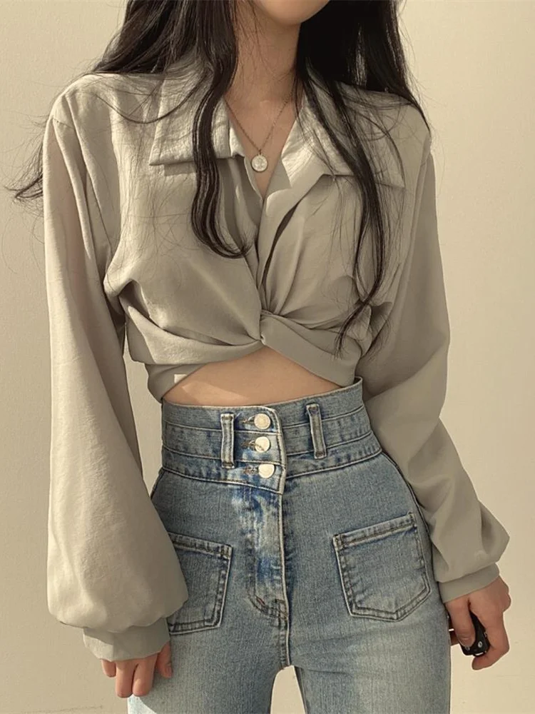 Women Sexy Slim Thin Blouse Korean Chic Casual Crop Shirt Tops Female Summer Back Lace-up Bow Design Long Sleeve Short Shirt