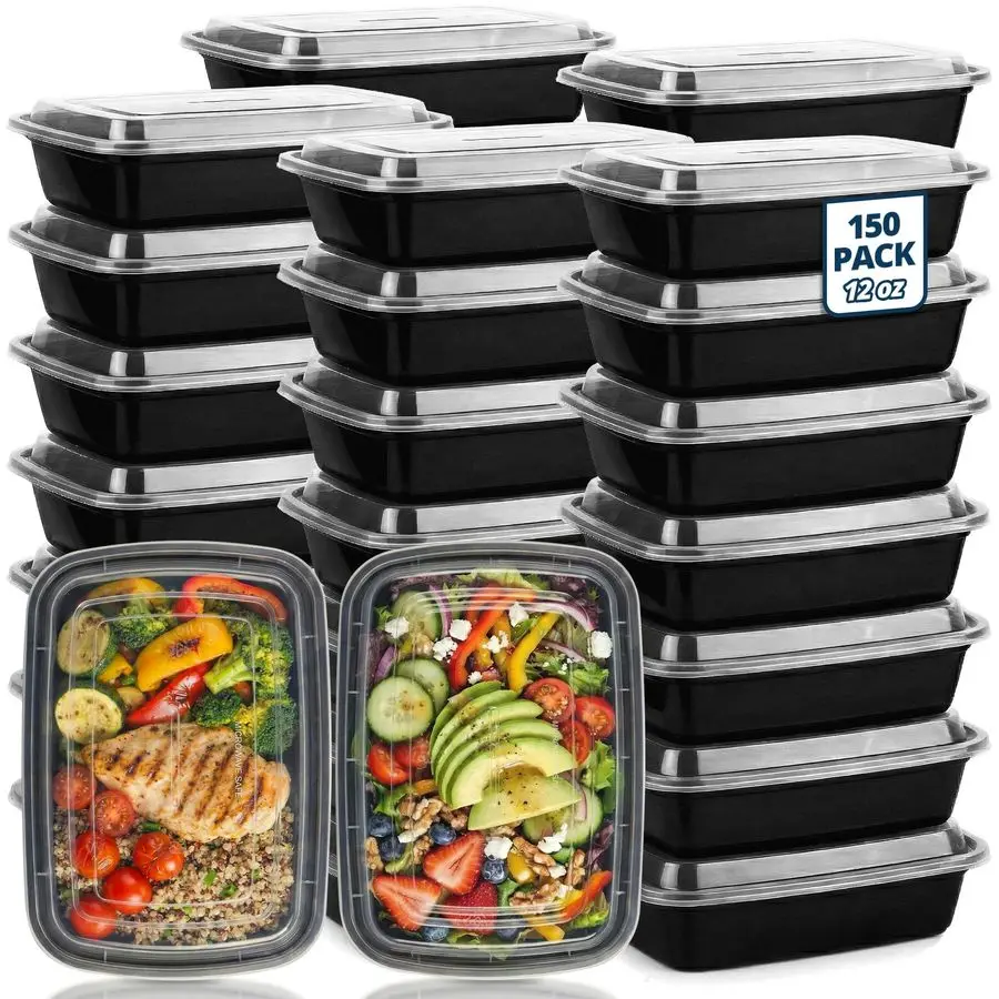 

Food Containers 12 oz Bulk 150 Pack with Lids Rectangular Plastic ToGo Containers Reusable, Microwavable, Dishwasher Safe LeakPr