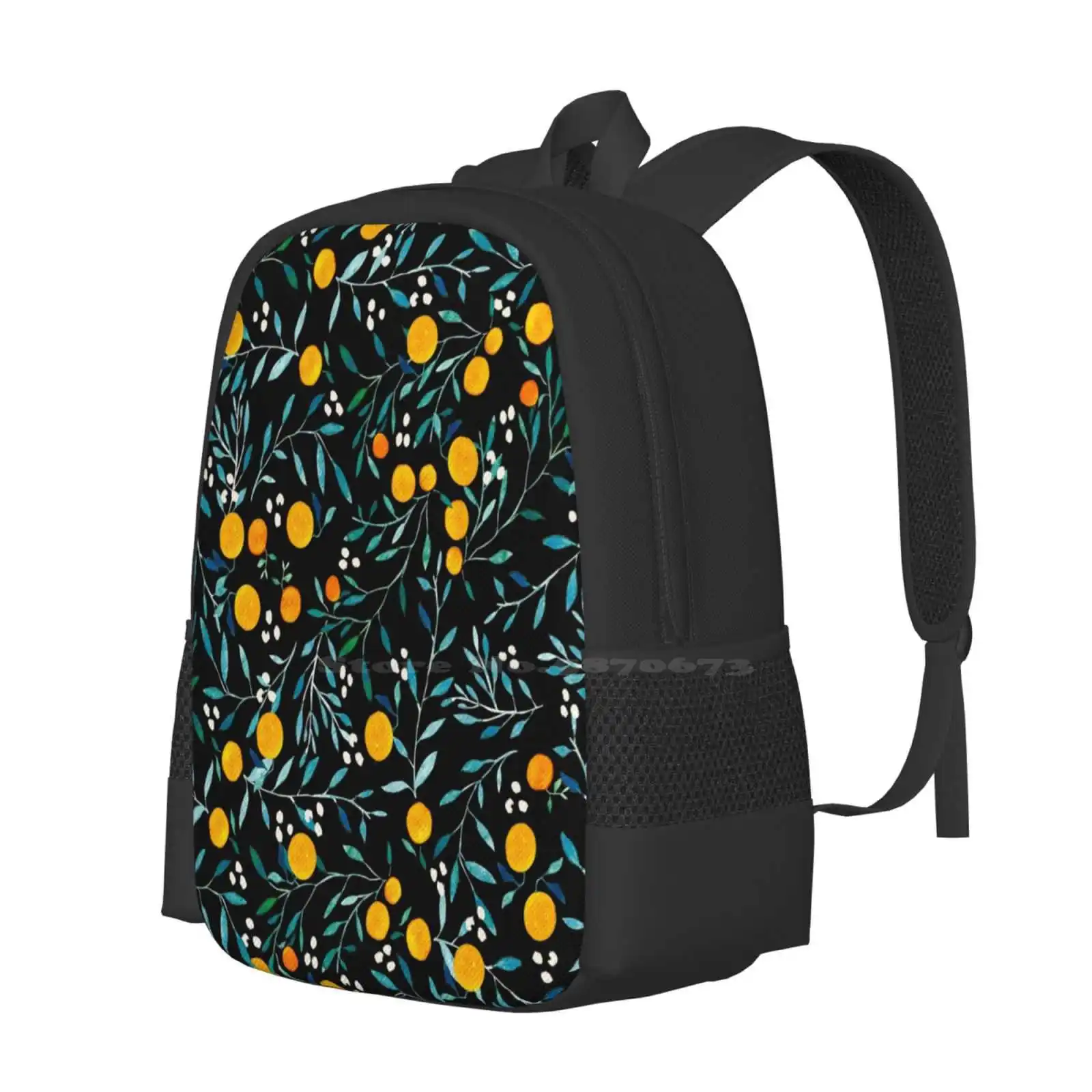 Oranges On Black Teen College Student Backpack Pattern Design Bags Watercolor Floral Pattern Pattern Design Oranges Food Fruit