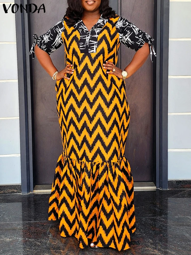 

Plus Size Women Print Dress Summer Sundress Retro Half Sleeve Casual Long Maxi Vestidos VONDA Bohemian V-Neck Ruffled Party Robe