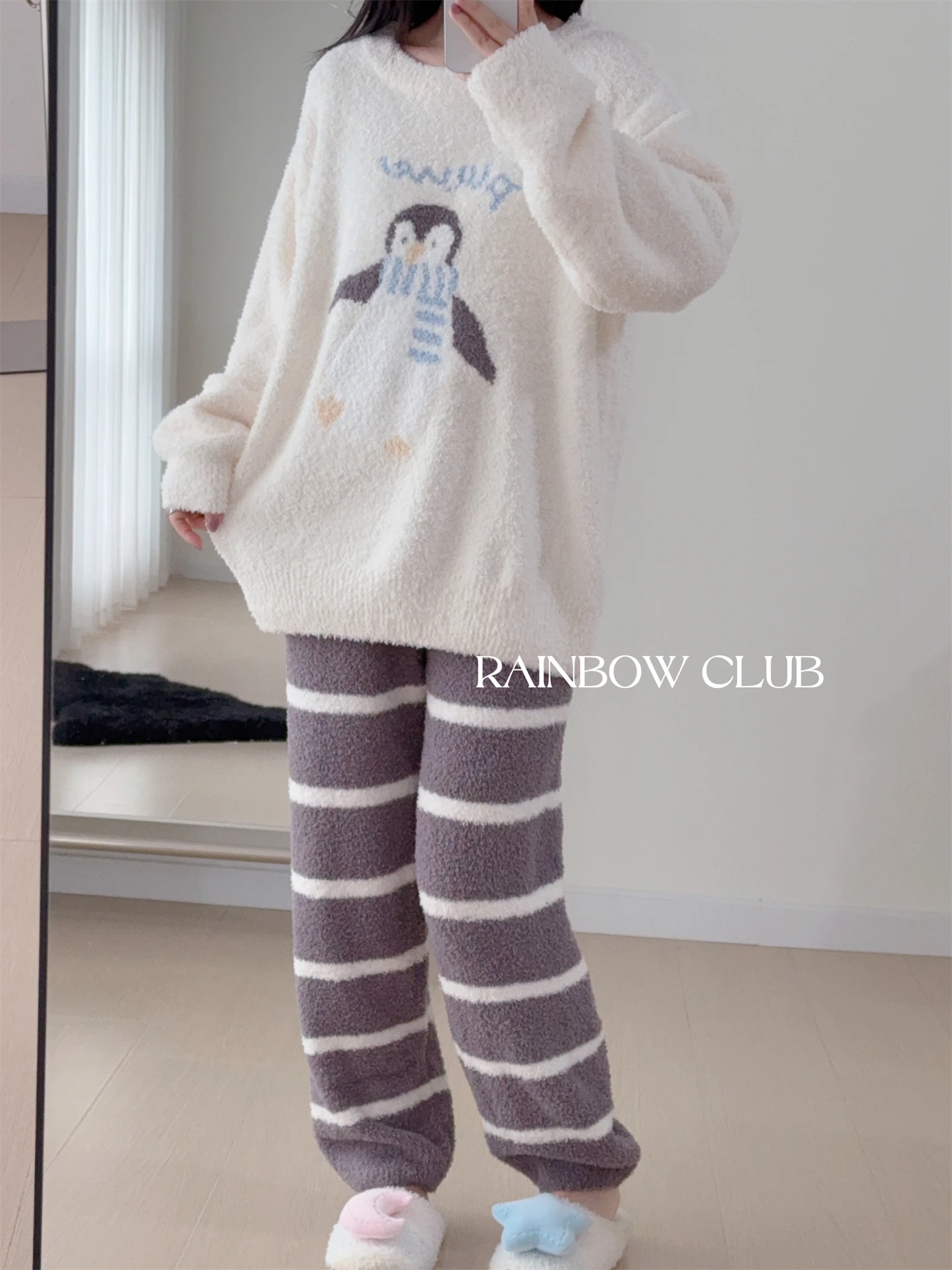 الرجال والنساء زوجين نمط أفخم الخريف الشتاء Homewear الحلو لطيف فتاة جولة الرقبة طويلة الأكمام فضفاضة عارضة يمكن ارتداؤها بيجامة مجموعة