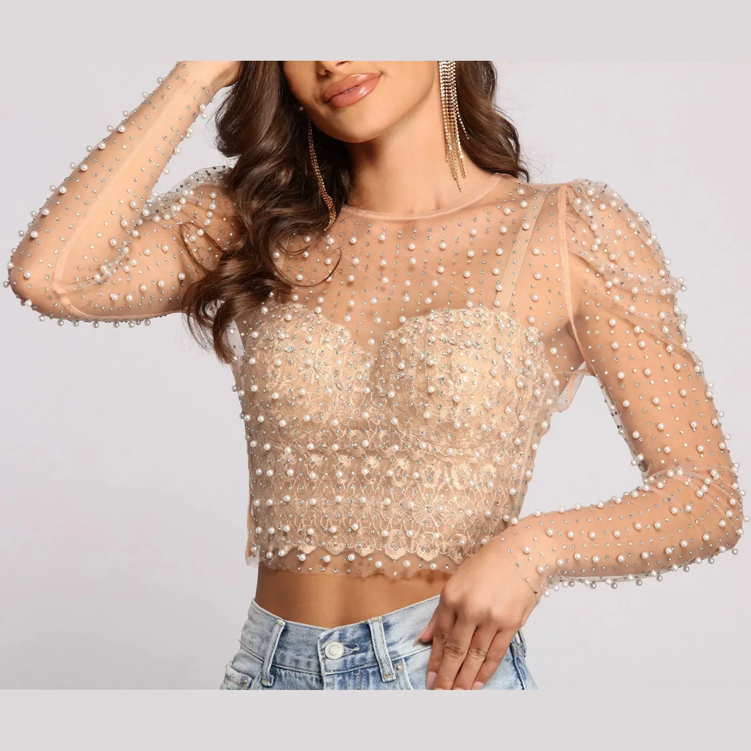 

Women's Hot Diamond Bead Perspective Mesh Top Summer Sexy See Through Female Bubble Long Sleeve T-shirts O-Neck Club Party Tops