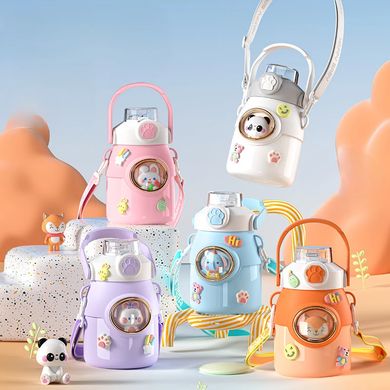 650ml Kids' 316 Stainless Steel Insulated Water Bottle, Cute Bunny & Panda Toy Flask with Straw & Shoulder Strap