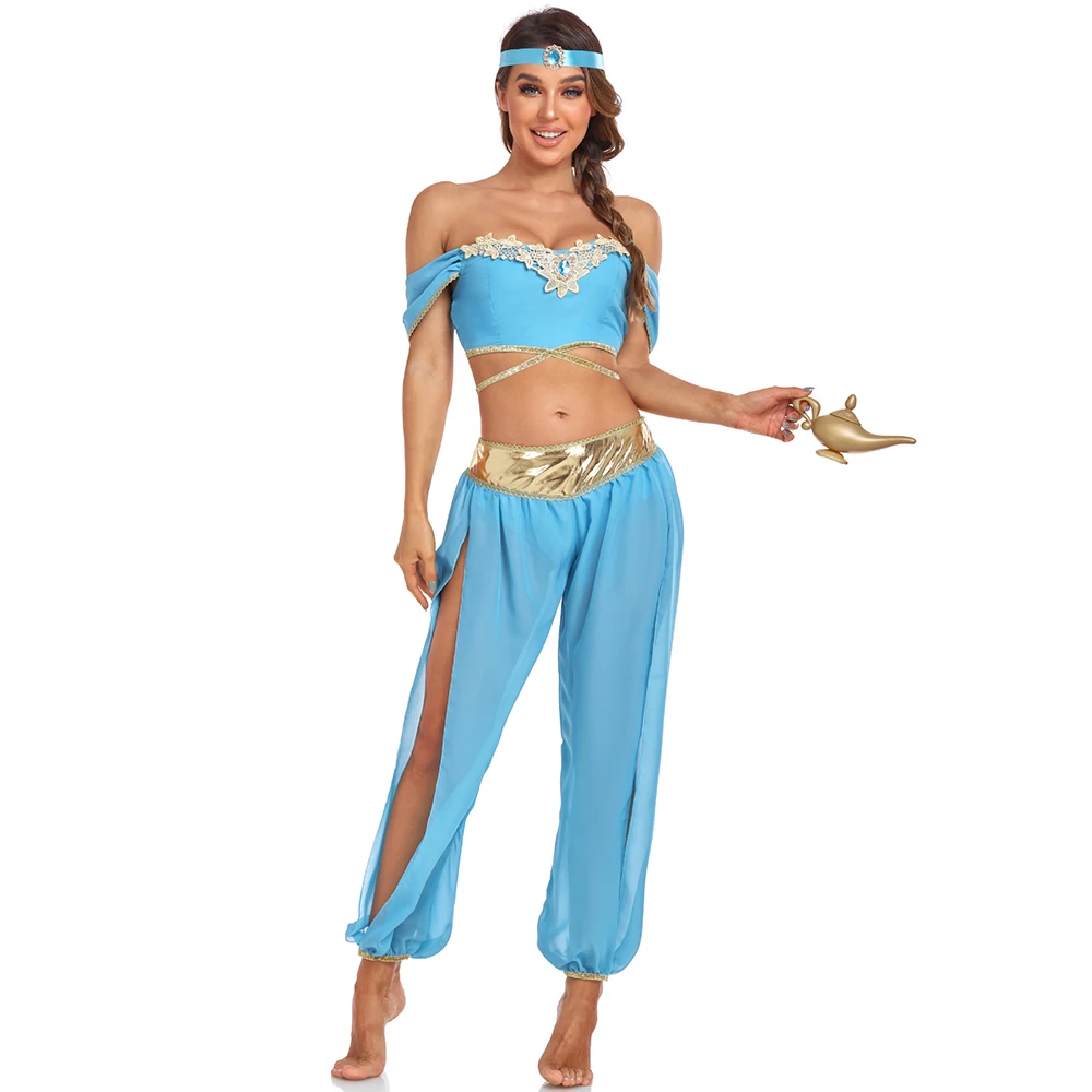 Womens Belly Dance Costume Arabian Princess Cospaly Halloween Aladin and The Magic Lamp Jasmine Princess Costume