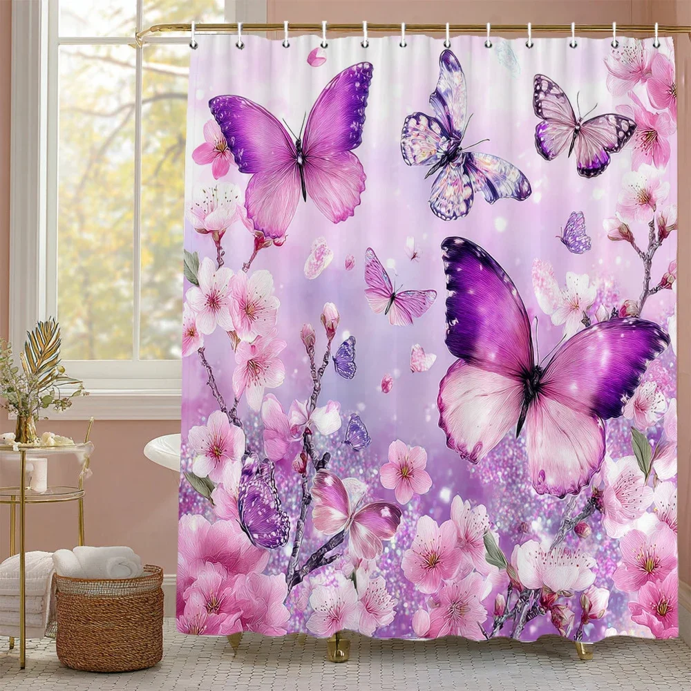 Pink Colour Floral Plant Butterflies Shower Curtain, Bathroom Decorative Shower Curtain, Waterproof Shower Curtain with Hooks