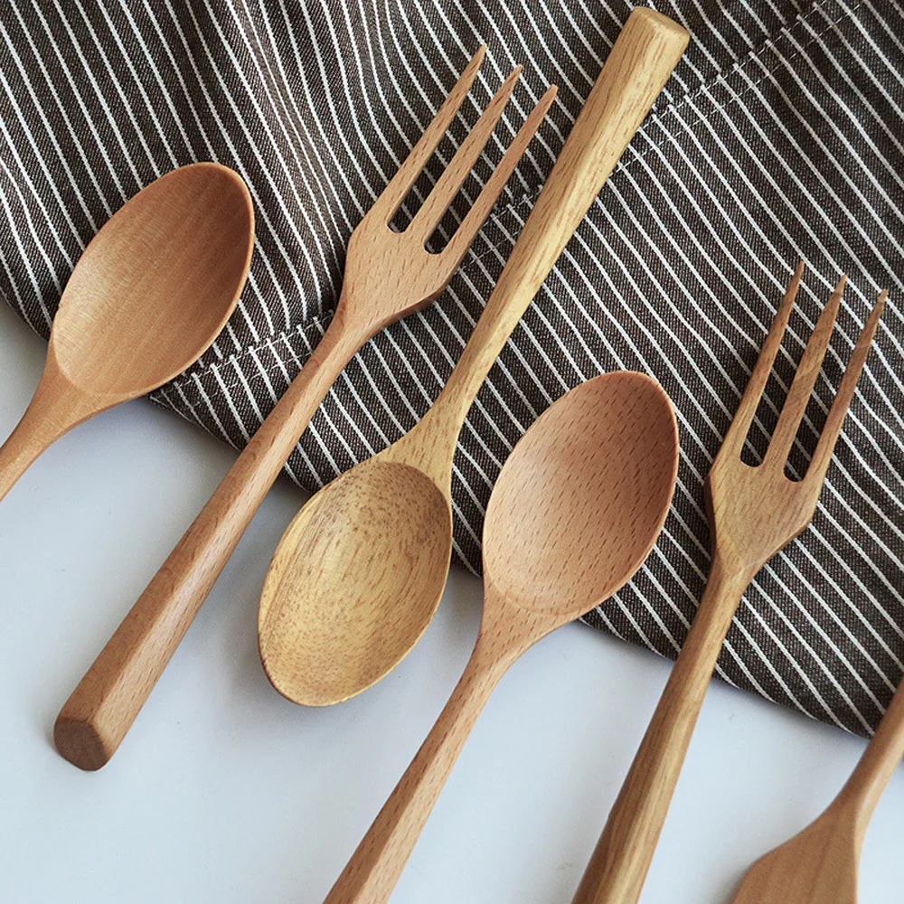 Eco-friendly Portable Salad Dessert Ice Cream Dinner Wooden Spoon Fork Utensils Tableware