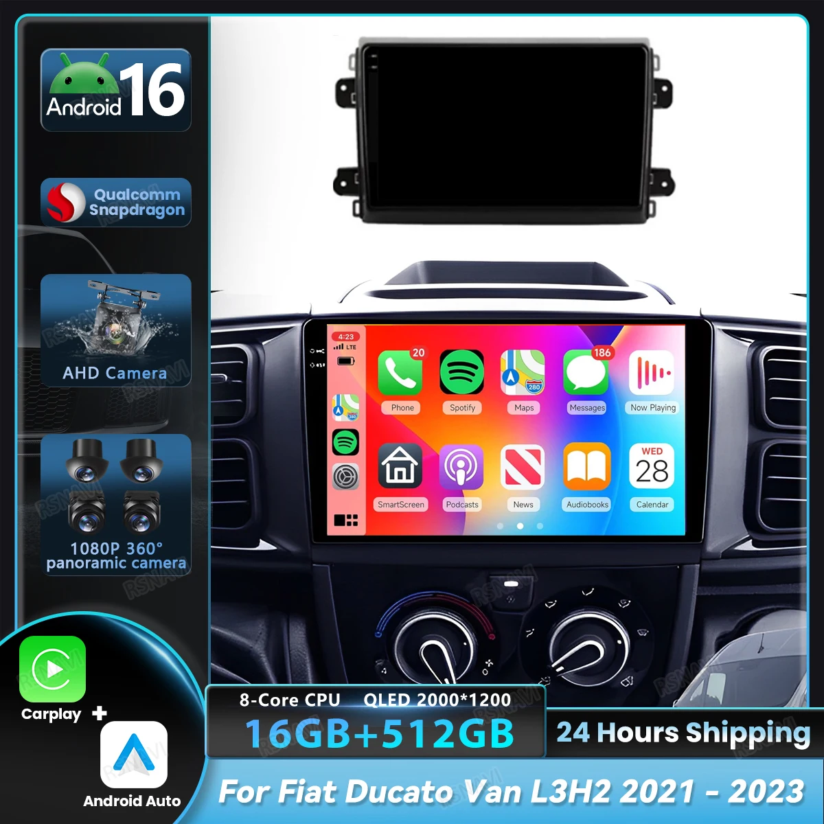 Android 16 Car Radio For Fiat Ducato Van L3H2 2021 - 2023 Carplay Auto Qualcomm GPS Navigation 360 Camera Stereo BT Video Player