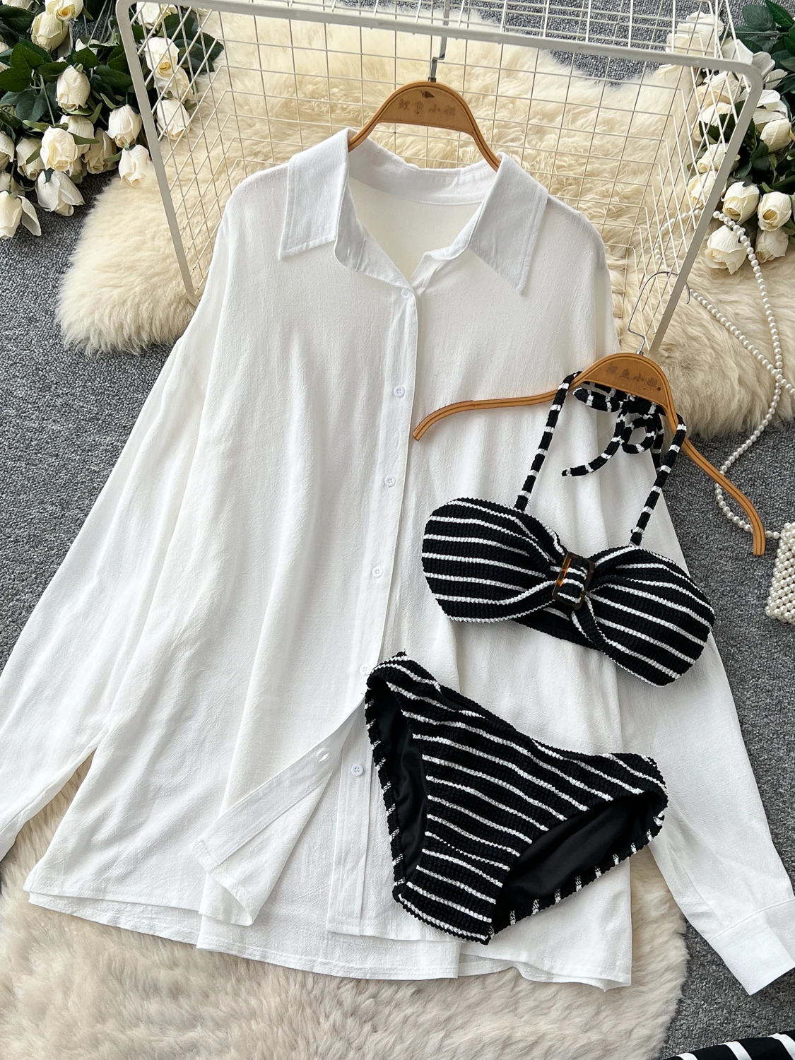 Vacation Wear Three-Piece Set Women's Black White Stripe Retro Neck Hanging Vest Loose Outer Long Sleeve Shirt Tight Halter S...