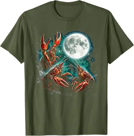 Three Crawfish Moon Crawfish Howling To The Moon Vintage 90er Jahre T-Shirt Y2k Moon Galaxy Space Retro Animal Aesthetic Tee Kleidung – Detail 3