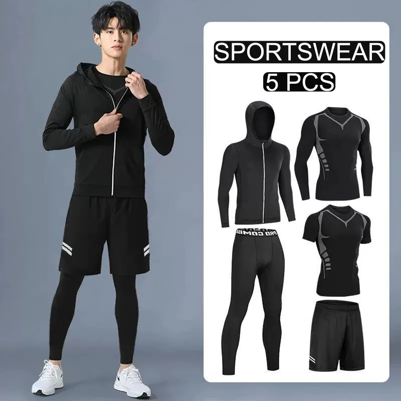 

Asian Size 5pcs Men's QuickDry Sportswear Suit GYM Tight Sports Running Sets Jogging MMA Fitness Clothing Workout Tracksuit