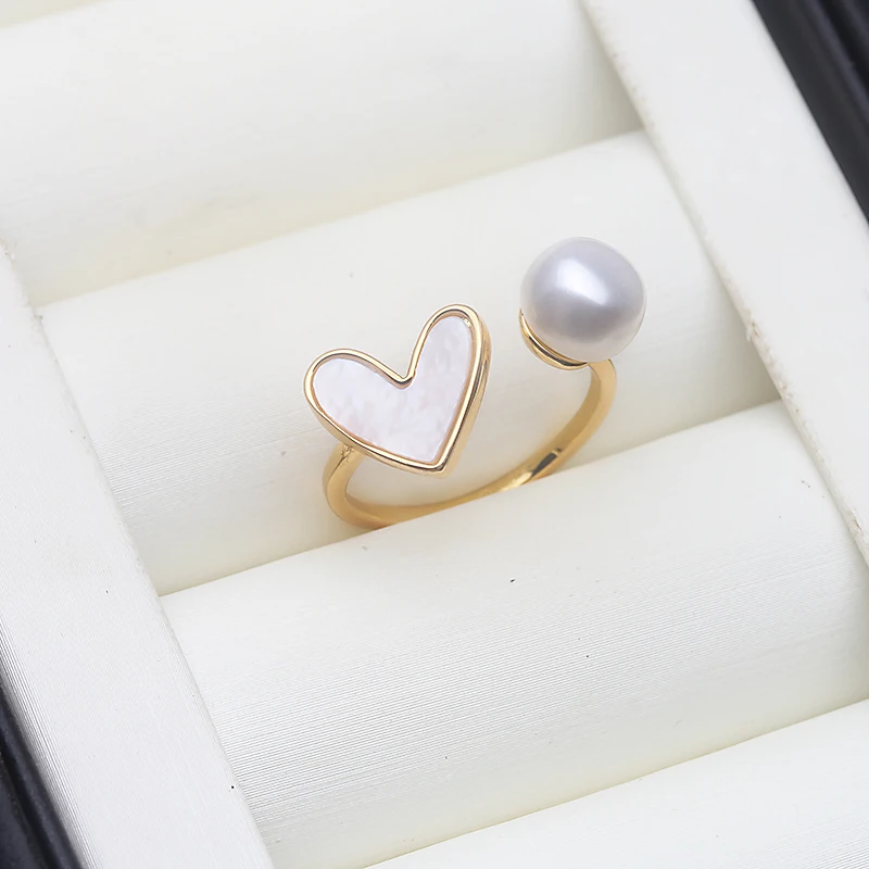 

Real Natural Freshwater Pearl Ring for Women,Wedding Heart 925 Silver Pearl Rings Adjustable Wife Bridal Gift White Black Pink