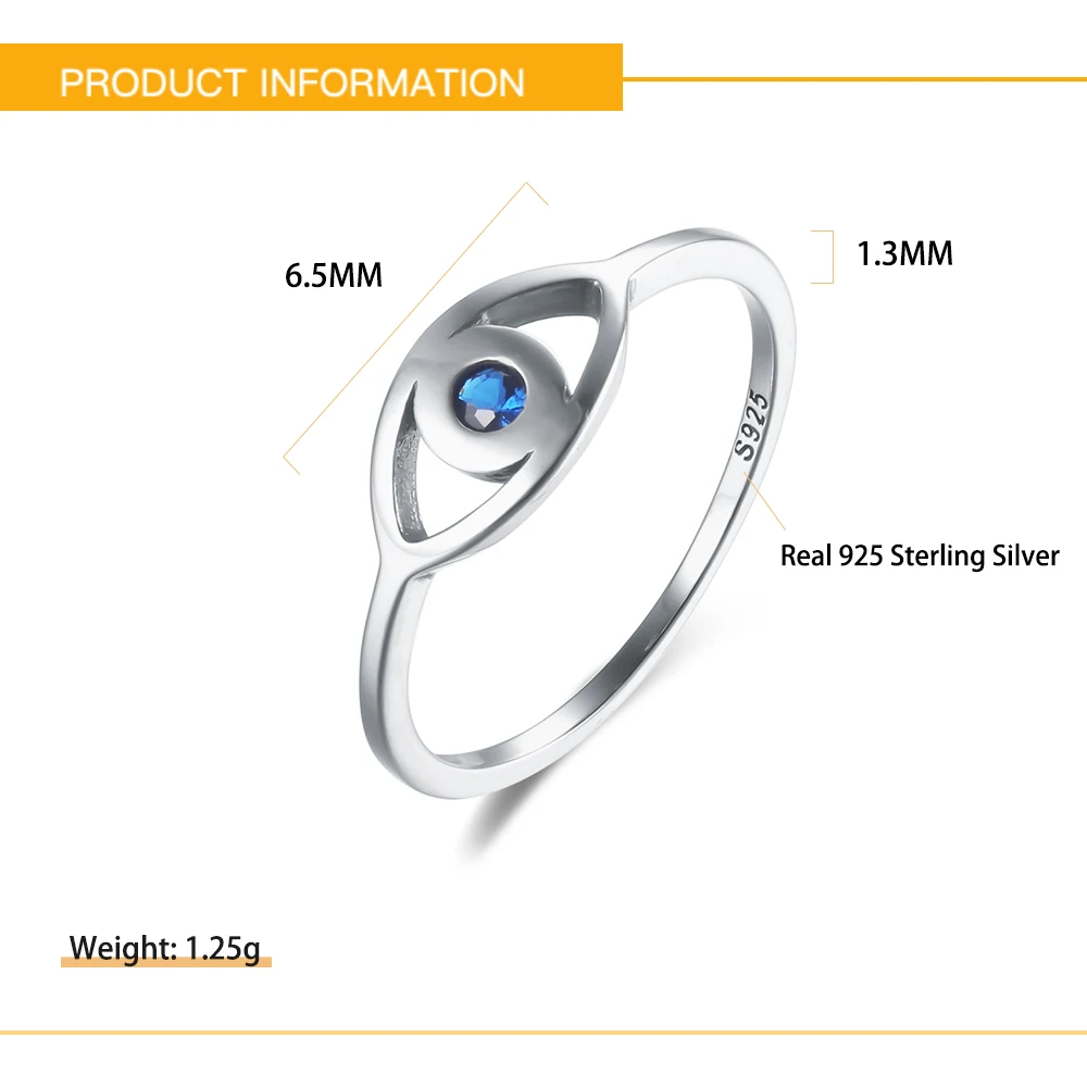 Kameraon Genuine S925 Sterling Silver Lucky Eye Ring Blue CZ Wedding Rings for Women Turkey Fine Jewelry Birthday Party Gift