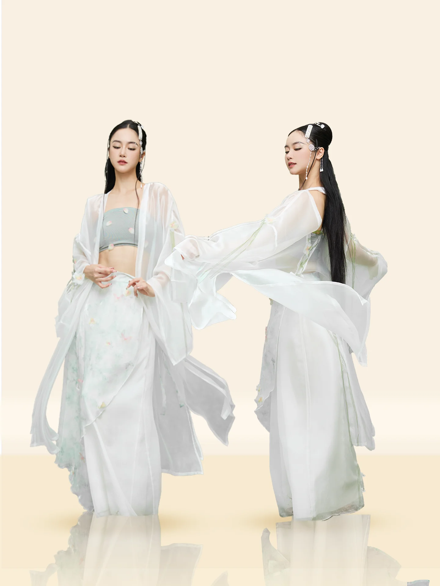 

Традиционный китайский сценический костюм для женщин: платье-сари ручной работы с цветочной лентой, для этнических и джазовых танцев, с эффектом струящегося воздуха