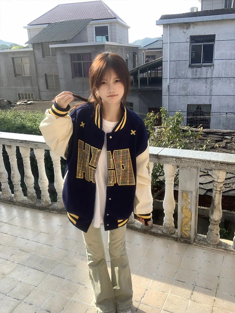 

American Retro Color Blo Baseball Jaet Women's Loose Stitching Outerwear Spring Autumn New Sle Chic Top Street Faion