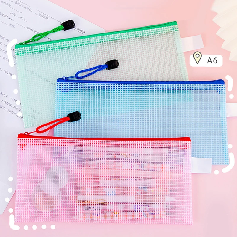 Transparent Mesh Zipper Handle Pouch Waterproof Plastic Document Pouch Multipurpose Travel Storage Bag Office Appliances
