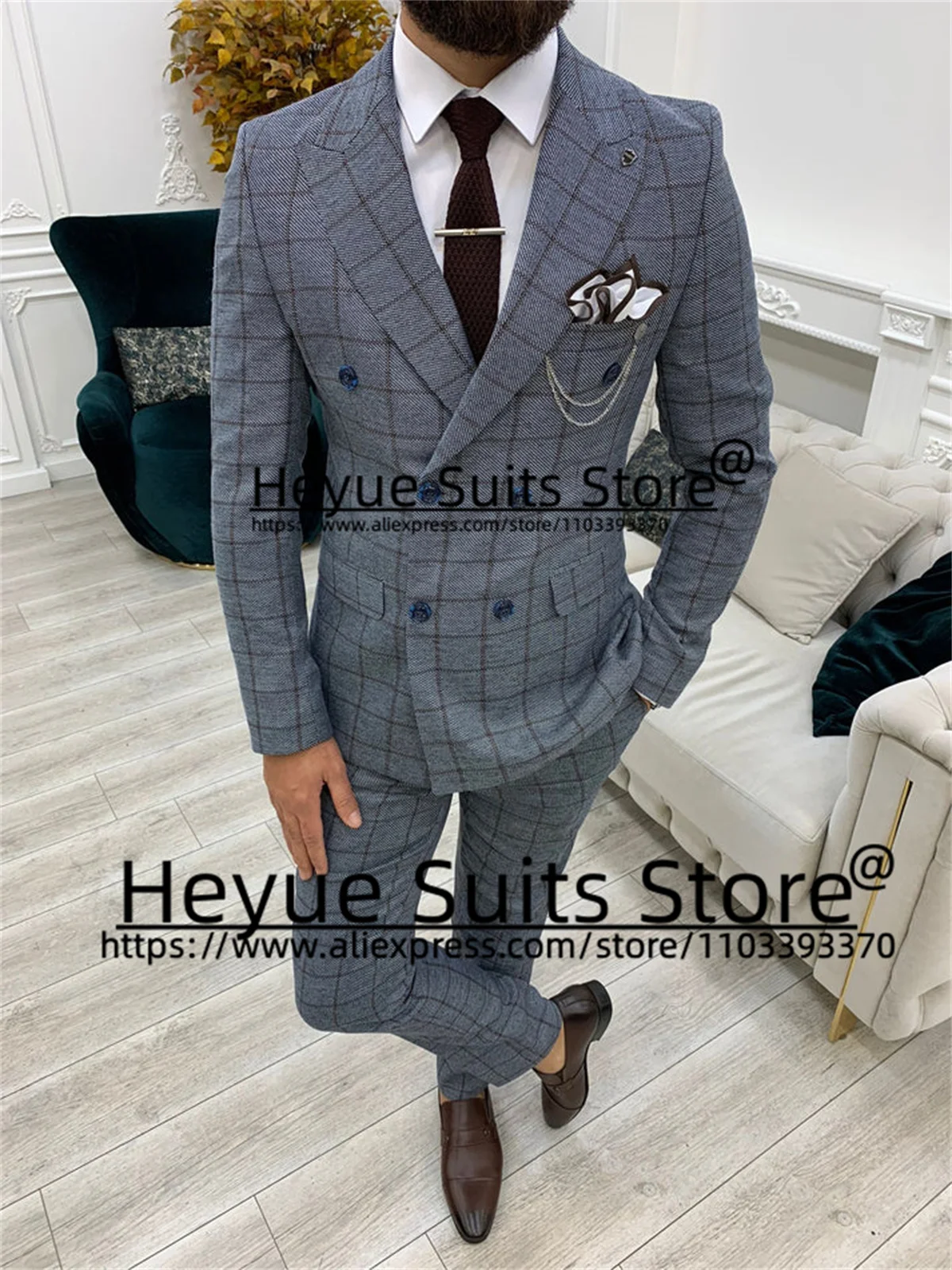 Trajes de negocios a cuadros para hombres, novio de esmoquin de doble botonadura, conjuntos de 2 piezas, Blazer de negocios, traje de bodas para hombres