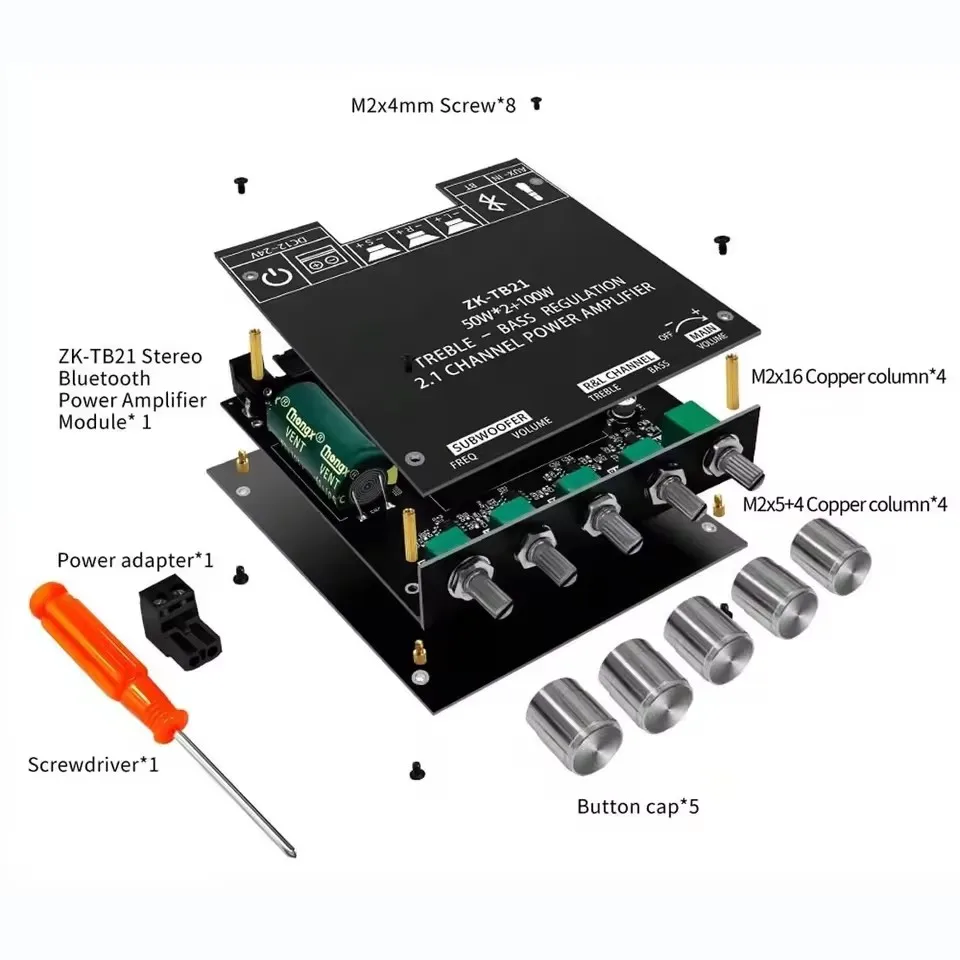 ZK TB21 MT21 BT5.0 Stereo Receiver Amplifier Board Module 2.1 Channel Mini Wireless Digital AUX Amp Module Bass and Treble