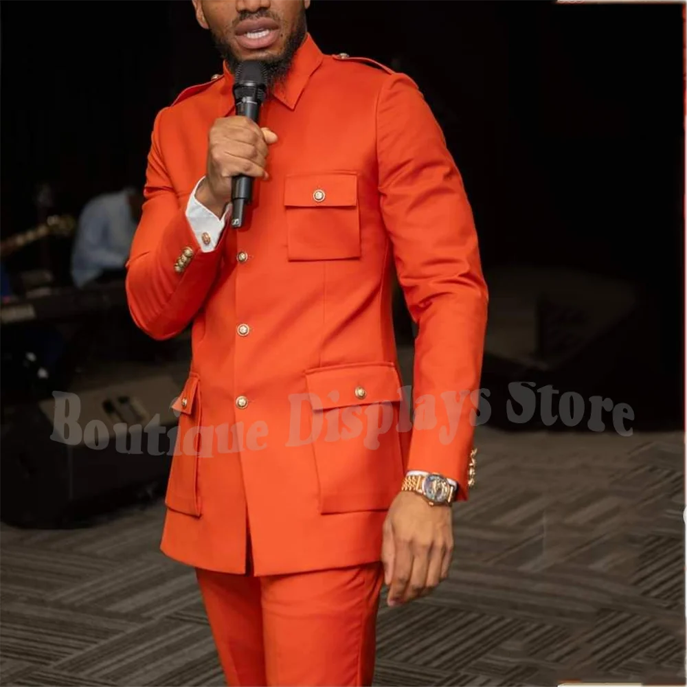 

Stand Collar Men's Suit Bright Color Elegant Single Breasted Casual Fashion Male Clothing Multi Pocket Daily Set Two Piece