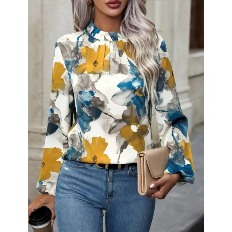 

2023 Flower Print Lantern Long Sleeves Autumn Boho Sexy High Street Button Hollow Out Round Neck Women's Top Spring chic Blouses