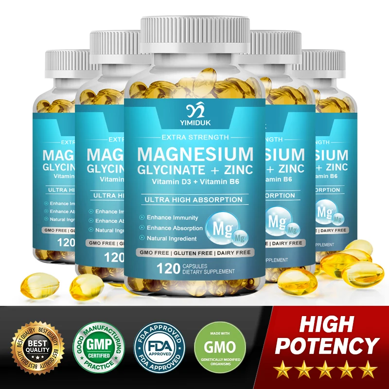 Magnesium Glycinate Capsules 500mg with Zinc, Vitamin D, B6, Mood Calming, Sleep Promoting Energy & Bone Support