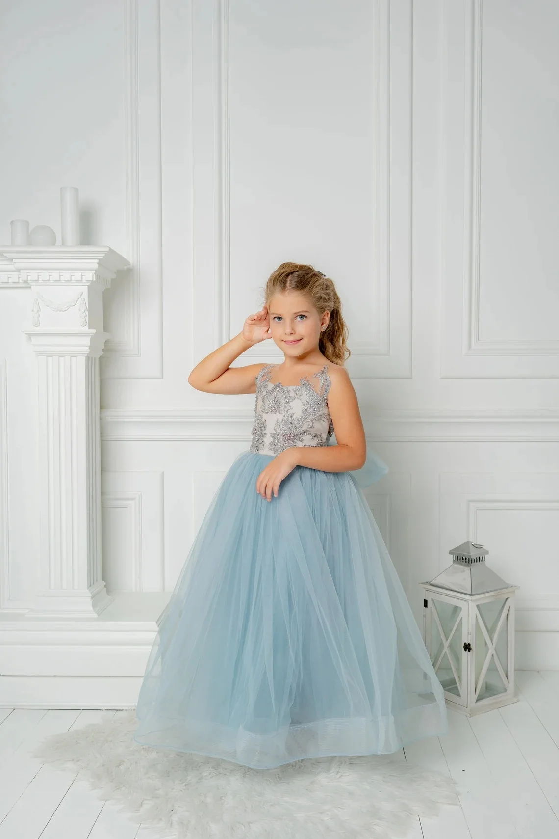 FATAPAESE blu abito da damigella d'onore per ragazze bambini 9 anni Crystal Appqulies Illusion Backless Ball Gown Wedding Party Flower Girl