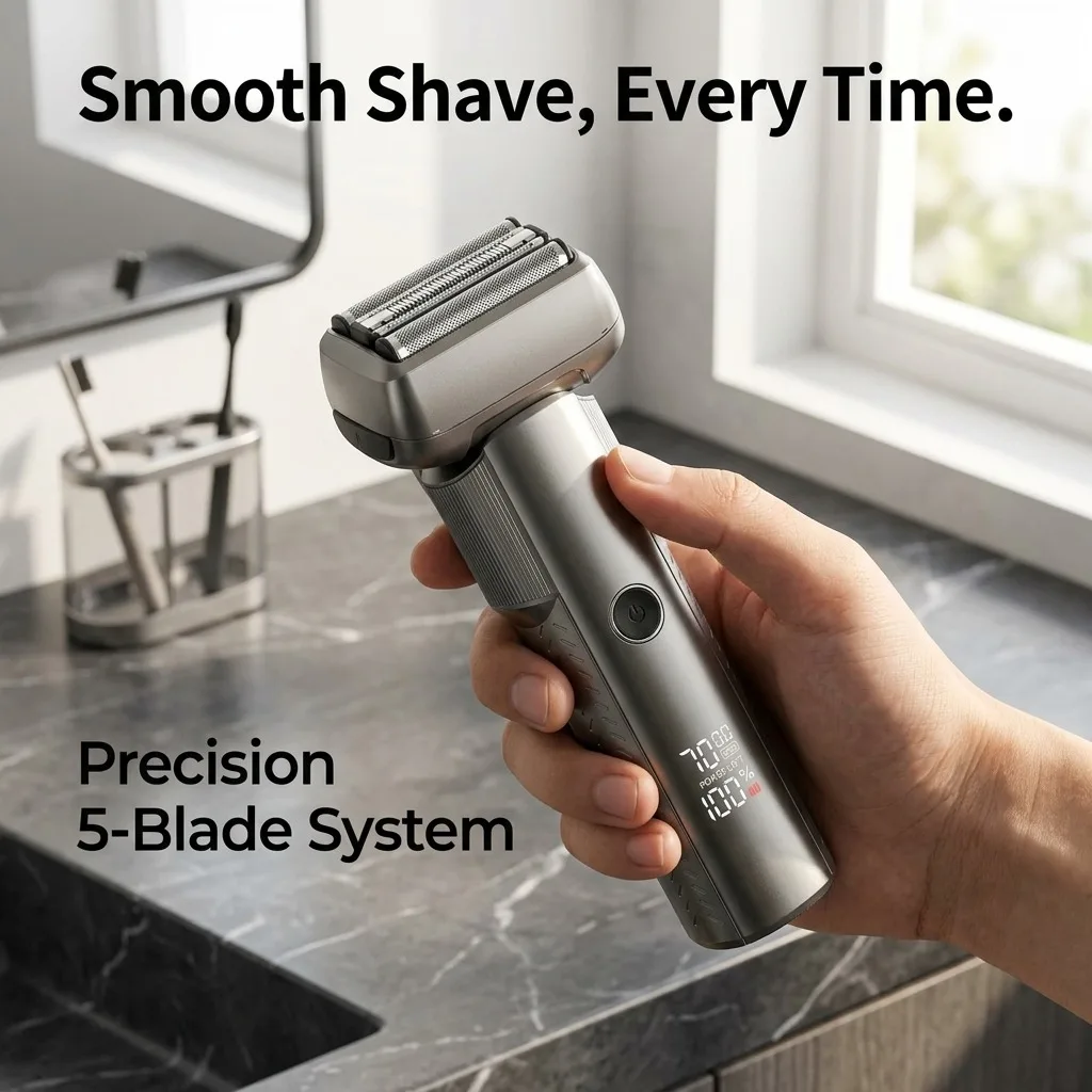 Electric Shaver for Men with 5 Precision Blades, Professional Foil Shaver with LED Power Display, IPX6 Waterproof Wet & Dry Cordless Rechargeable Razor, Portable Ergonomic Grooming Kit for Travel