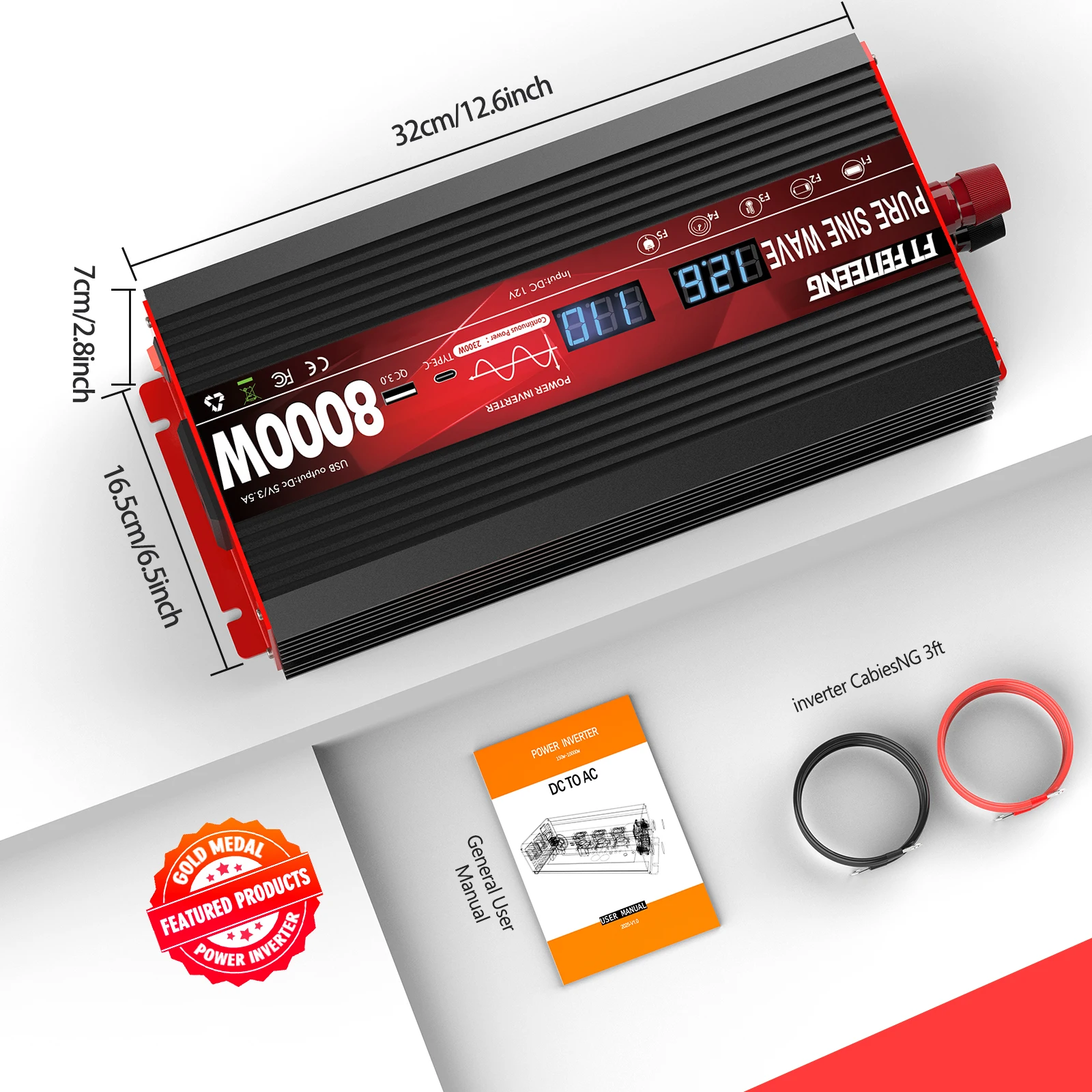 12V to 110V AC Pure Sine Wave Inverter, 8000W Peak Power, 2300W Continuous, Car Accessories, Solar, with LED and American Outlet