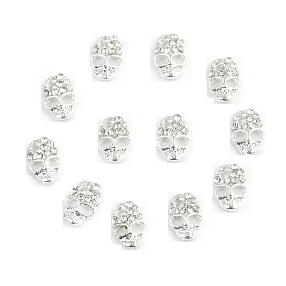 

12pcs Metal Skull Nail Art Stickers Rhinestone Decoration for Nail Polish UV Gel Acrylic Nails Cell Phone Home Silver 10x7mm