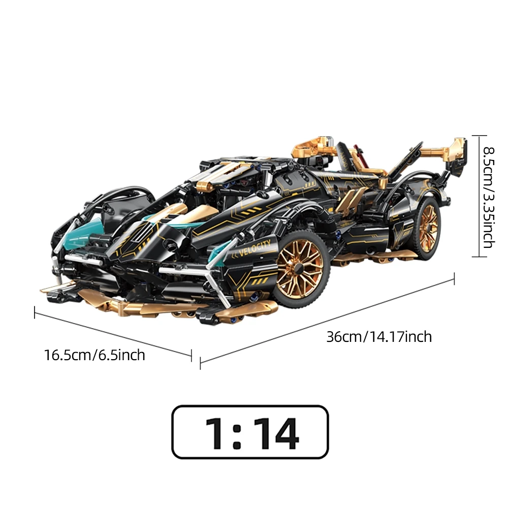 KAVOWORLD 1:14 Technical Racing Car Building Blocks 981pcs Black Gold Mechanical Supercar Model Bricks Set With Movable Rear Wing Cockpit DIY Assembly Kit Reinforced Chassis Collectible Desktop Decor STEM Toy Christmas Birthday Gift For Teens Adults