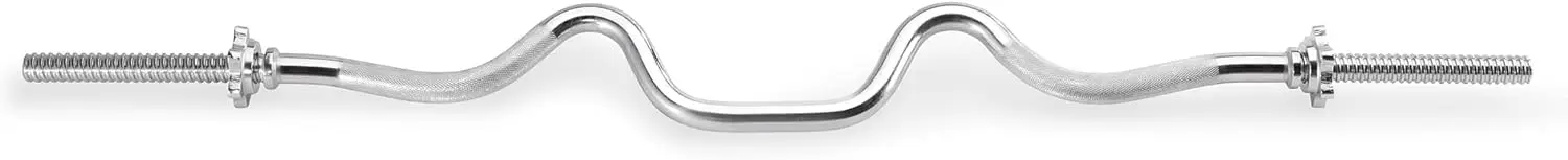 Home Gym Triceps and Biceps Training, Steel Curl Bar, Silver, Spin-Lock Collars