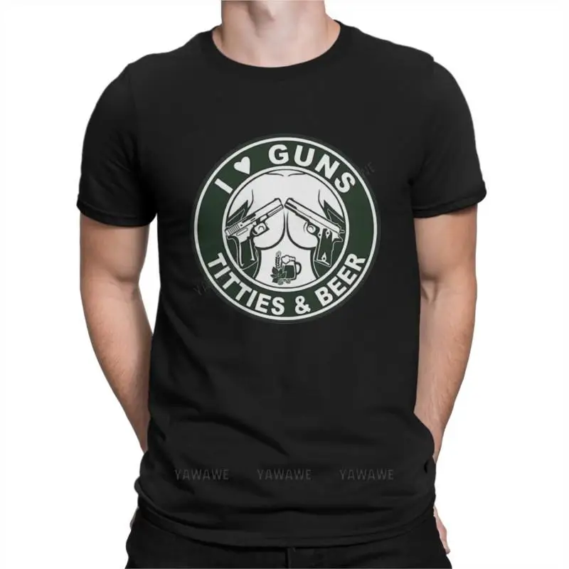 Gun Men T Shirts I Love Titties And Beer Novelty Tees Short Sleeve Round Neck T-Shirts 100% Cotton Gift Idea Clothes
