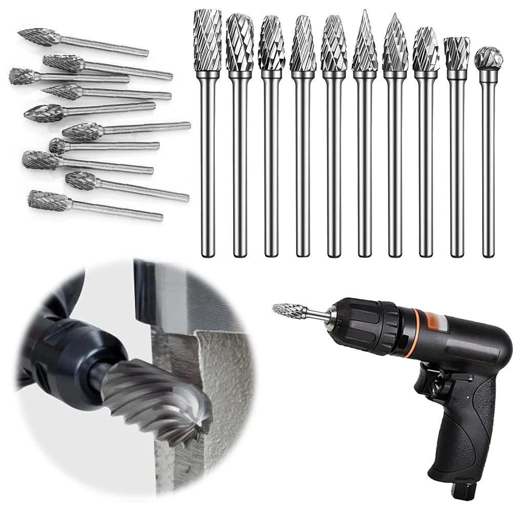 10Pcs Carbide Burr Set 1/8 Inch Shank Long Burr Bits Rotary Tool Rasp File for Metal Welds Carving Cutting Engraving Porting