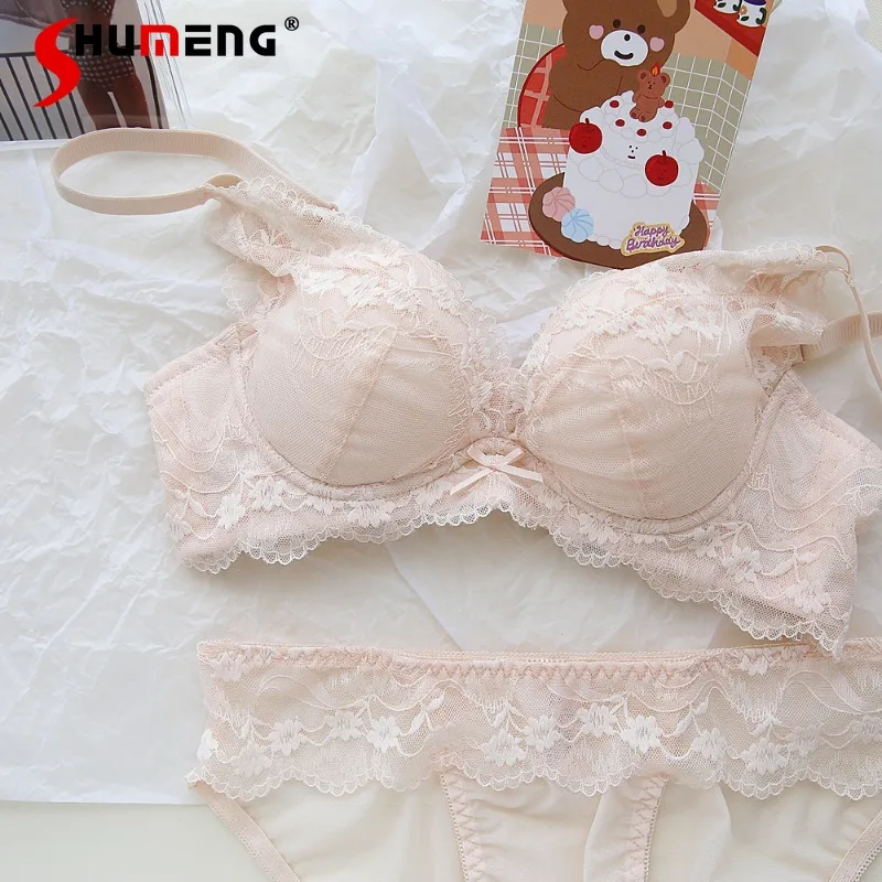 

Lace Sexy Wireless Underwear for Girls Japanese Style Small Chest Push Up Sweet Bra Set Women Lolita Sweet Intimates Suits