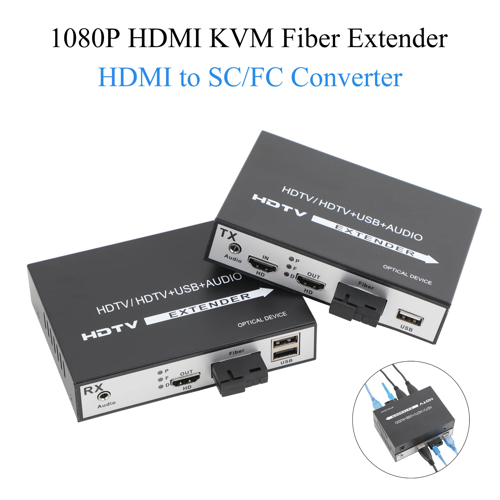 1080P Optical Transceiver Media Converter Audio/Video Converter Support Loop-through Output + Audio + USB With US/EU Power Plug