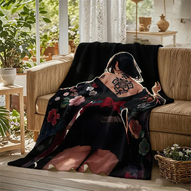 Geisha Girl Back Tattoo Art Flannel Blanket Perfect for Sofa Office Bed Travel Sleep Read Relax Camping Four Season Use