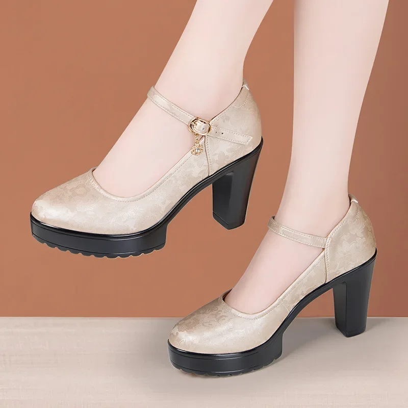 9cm Small Size 32-43 National Embroider Leather Mary Janes Platform Pumps 2024 Shallow Block High Heels Shoes Office Model Mom