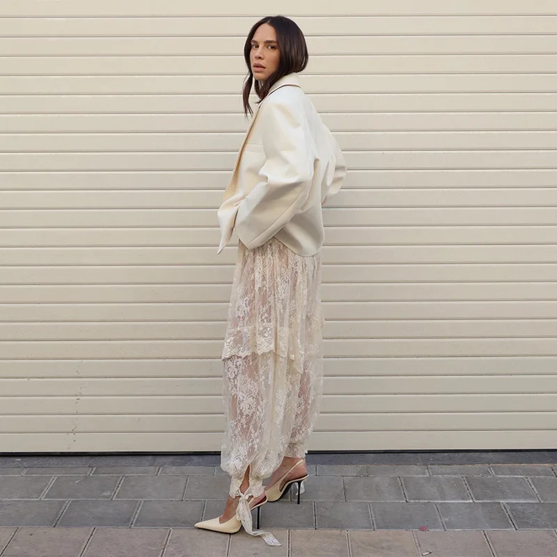 Loose Lace See Through Women's Lantern Pants Solid Ruffle Casual Female Trousers 2026 Spring Summer New Fashion Bottoms