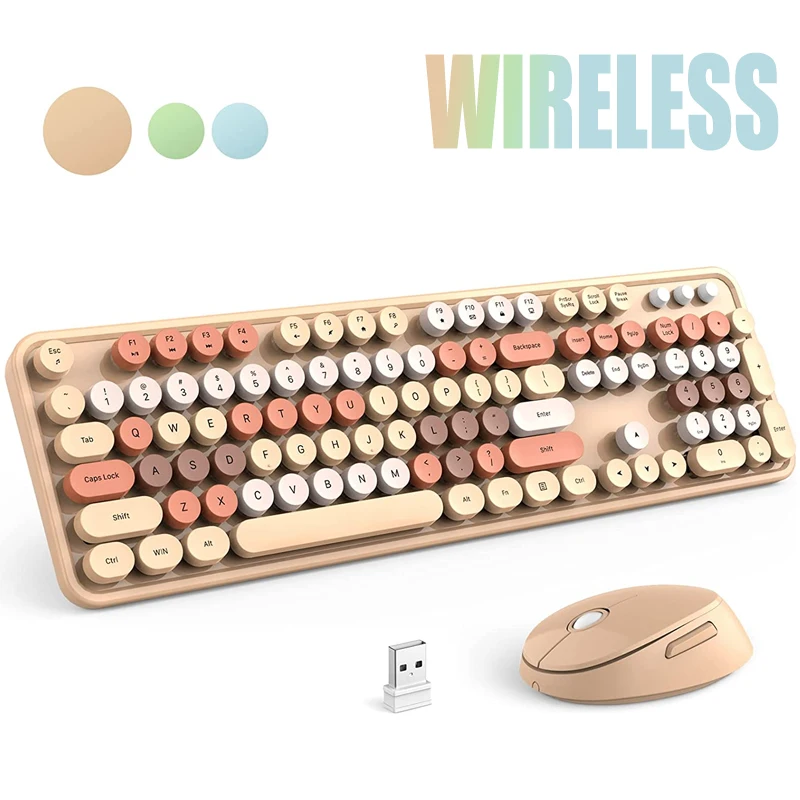 

Bluetooth Wireless Keyboard Mouse Combo 2.4G Mixed Color 104 Keys Silent Circular Punk Key Caps Portable Wireless Mouse For Girl