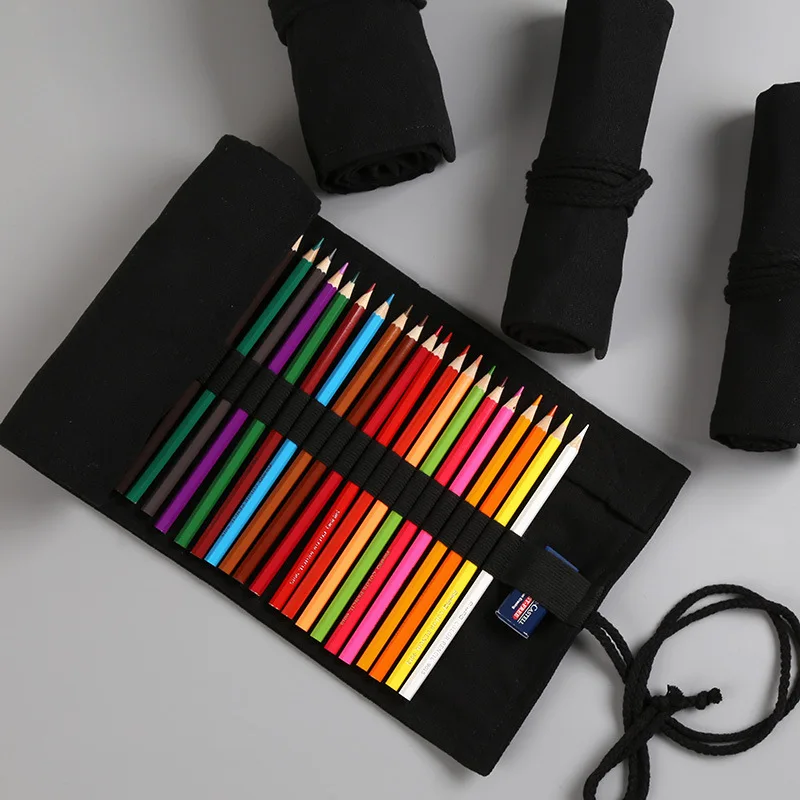 12/24/36/48/72 trous trousse à crayons en tissu noir papeterie brosse cosmétique crayon sac de rangement crayons rouleau Art stylo sac fournitures scolaires